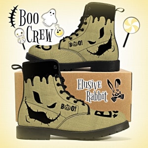 Boo Crew Halloween Boots Personalized Name Wedding Spooky Jack 0 Lantern Cream Black UK 3 4 5 6 7 8 9 10 11 12 Closed Toe Goth Gothic Combat