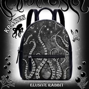 Sac à dos gothique Kraken tentacule calmar Cthulhu pieuvre cadeau sac de Noël bandoulière fermeture éclair école petit noir blanc Steampunk UK gris