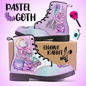 Pastel Goth Heren & Vrouwen Paarse Groene Laarzen Halloween Spooky Witchy UK 3 4 5 6 7 8 9 10 11 12 Gesloten Teen Faux Lederen Schoen Flat Gothic Moon