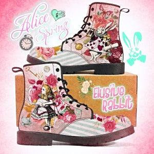 Alice Spring Wonderland Boots Pink Mint Green Christmas UK 3 4 5 6 7 8 Closed Toe Canvas Faux Leather Wedding Shoes Heel Custom Women Flats