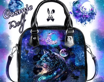 Cosmic Wolf Gothic Nebula Galaxy Moon Christmas Birthday Bag Handbag Space Celestial star Shoulder Strap Faux Leather School Gifts for Her