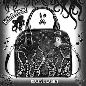 Sac de Noël gothique Kraken bleu noir sac à main Cthulhu tentacule calmar steampunk bandoulière imitation cuir fermeture éclair école pieuvre réglable