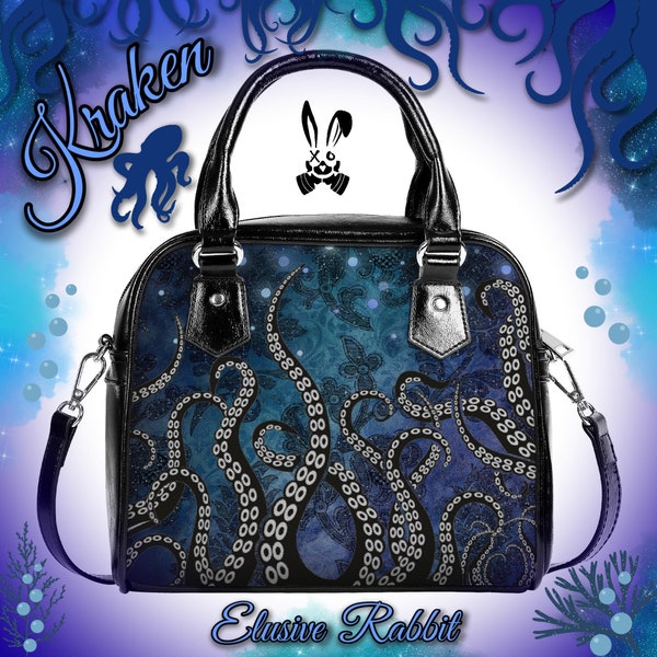 Sac de Noël gothique Kraken bleu noir sac à main Cthulhu tentacule calmar steampunk bandoulière imitation cuir fermeture éclair école pieuvre réglable