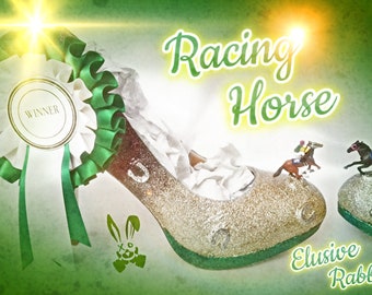 Womens Glitter Race Horse Shoe Model Miniature Figure Ribbon Rosette Handmade Custom Footwear Size 3 4 5 6 7 8 High Heels Platform Good Luck