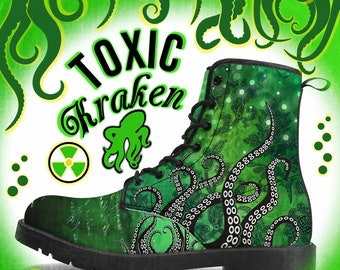 Toxic Kraken Gothic Winter Boots Tentacle Squid Cthulhu Green Black Steampunk Nuclear UK 3 4 5 6 7 8 9 10 Closed Toe Faux Leather Shoe Flat