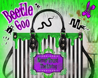 Gothic Beetle Goo Green Black White Stripe Messenger Christmas Bag Handbag Steampunk Shoulder Strap Faux Leather Zip School Juice Halloween