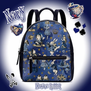 Bleu marine Alice au pays des merveilles Sac à dos Noël Royaume-Uni Sac à main Bretelles Boucle Noir Faux Cuir Fermeture Éclair École Petit Royal