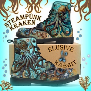 Steampunk Kraken Winterlaarzen Tentakel Inktvis Cthulhu Turquoise Blauw Tandje Victoriaans Zeewezen 3 4 5 6 7 8 Kunstleer schoen met gesloten neus plat