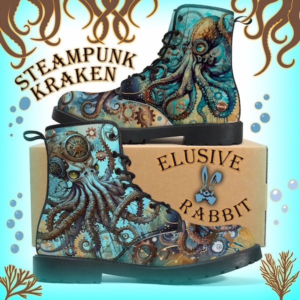 Steampunk Kraken, tentacule, calmar, Cthulhu, bleu turquoise, rouage, victorien, créature marine, 3 4 5 6 7 8, bout fermé, chaussure en similicuir, plate