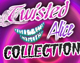 May include: A pink and purple swirling background with the text "Twisted Alice Collection Cheshire Cat" in black, white, and pink lettering. A cartoon image of a grinning mouth with sharp teeth is in the center of the image.