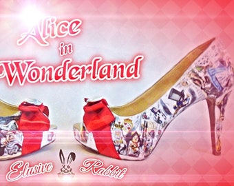 John Tenniel's Classic 1865 Alice In Wonderland Decoupage Custom Peep Toe Women Glitter Handmade Shoe High Heel Size 3 4 5 6 7 8 Platform