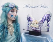 Mermaid Heels Custom Hand Sculpt Paint Purple Blue White Shoe Size 3 4 5 6 7 8 High Platform Pearls Shell Sea Sequins Starfish Plant Clam