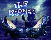 The Kraken Heels Custom Hand Sculpt Paint Black Blue Shoe Size 3 4 5 6 7 8  High Wedge Sea Abyss Creature Monster Mythical Octopus Squid