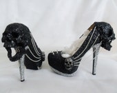 Women Torture Chain Silver Grim Reaper Dead Skull Jaw Custom Glitter Paint Black Shoe Heel Size 3 4 5 6 7 8 High Heel Platform Alt Punk Goth