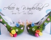 Alice In Wonderland Time For Tea Party Flower Custom Glitter Ribbon Blue Shoe Heel Size 3 4 5 6 7 8 High Heels Platform UK Mad Hatter Women