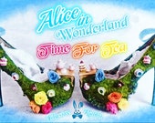 Alice In Wonderland Time For Tea Party Flower Custom Glitter Ribbon Blue Shoe Heel Size 3 4 5 6 7 8  High Heels Platform UK Mad Hatter Women