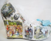 John Tenniel's Classic 1865 Alice In Wonderland Decoupage Custom Wedge Handmade Shoe High Heel Blue Wedding Bridal Size 3 4 5 6 7 8 Platform