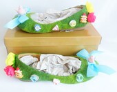 Alice In Wonderland Time For Tea Party Flower Custom Glitter Ribbon Blue Shoe Flat Size 3 4 5 6 7 8 High Heels Platform UK Mad Hatter Women