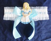 John Tenniel's Classic 1865 Alice In Wonderland Blue Satin Ribbon Custom Garter stocking elasticated Wedding Bridal Women clothing lingerie