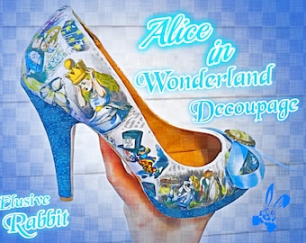 John Tenniel Classic 1865 Alice In Wonderland Decoupage Custom Personalised Women Glitter Handmade Shoe High Heel Size 3 4 5 6 7 8 Platform