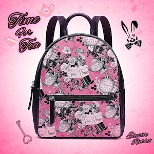 Il est temps pour le thé Rose Alice Au Pays des Merveilles Sac à dos Noël UK Sac à main Bandoulières Boucle Noir Faux Cuir Zipper School Petit