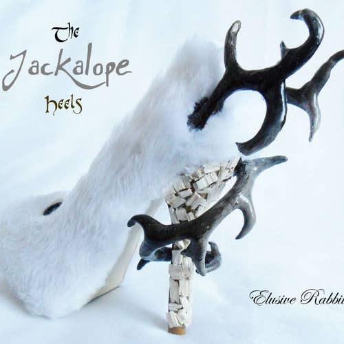The Jackalope Heels Antlers Horn Fawn Fur White Rabbit Bunny Custom Kraken Sculpt Paint Shoe Size 3 4 5 6 7 8  High Wedge Mythical Deer Stag