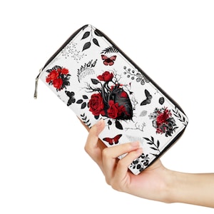 Corazones góticos Rojo Negro Blanco Verano Pétalo de rosa Floral Cartera de embrague Monedero Cremallera Tarjetero Conjunto de regalo de embrague para su cumpleaños de Navidad