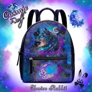 Cosmic Wolf Gothique Nébuleuse Galaxy Lune Noir Bleu Sac à dos Noël Royaume-Uni Sac Sac à main Bretelles Faux cuir École Petit cadeau pour elle
