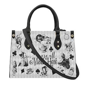Alice au pays des merveilles noir et blanc vintage sac messager fourre-tout de Noël sac à main bandoulière simili cuir fermeture éclair école