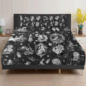 Gothic Alice In Wonderland Black Duvet Covers Set Single Double King Size Grey White Adults Kids Homeware Bedroom Vintage Classic Original