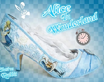 John Tenniel's Classic 1865 Alice In Wonderland Lace Fabric Custom Heel Ribbon Blue Shoe Size 3 4 5 6 7 8 Wedding Bridal Women 3" Kitten Low
