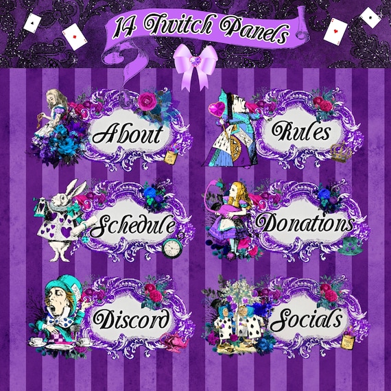 Alice in Wonderland Purple Twitch Panels Overlay Pink Green Blue Hatter March Hare Kawaii Pastel Goth Floral Flowers Summer Spring Gothic