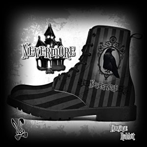 Nevermore Mens Women Boots Raven Halloween Spooky Witch Edgar Allen Poe UK 3 4 5 6 7 8 9 10 11 12 Faux Leather Shoe Gothic Wednesday