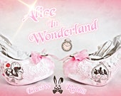 John Tenniel's Classic 1865 Alice In Wonderland Lace Fabric Custom Heel Ribbon Pink Shoe Flat Size 3 4 5 6 7 8 Wedding Bridal Heel UK Women