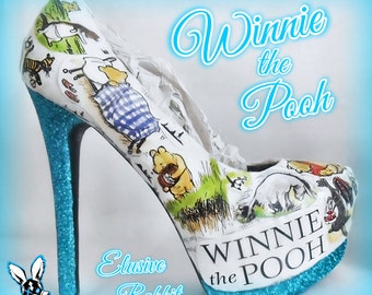 Classic Winnie the Pooh Milne Blue Decoupage Custom Personalised  Women Glitter Handmade Shoe High Heel Size Platform