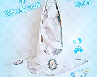 John Tenniel's Classic 1865 Alice In Wonderland Lace Fabric Custom Dolly Ribbon Blue Shoe Flat Size 3 4 5 6 7 8 Wedding Bridal UK Mad Women