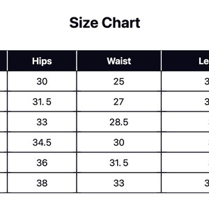 May include: Size chart for clothing with measurements in inches for hips, waist, and length. Sizes include S, M, L, XL, 2XL, and 3XL.