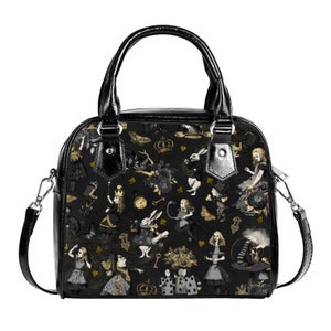 Allure Gothique Mad Alice Au Pays des Merveilles Noir Blanc Sac de Noël Sac à Main Bandoulières Noir Faux Cuir Zipper School Petit Réglable UK