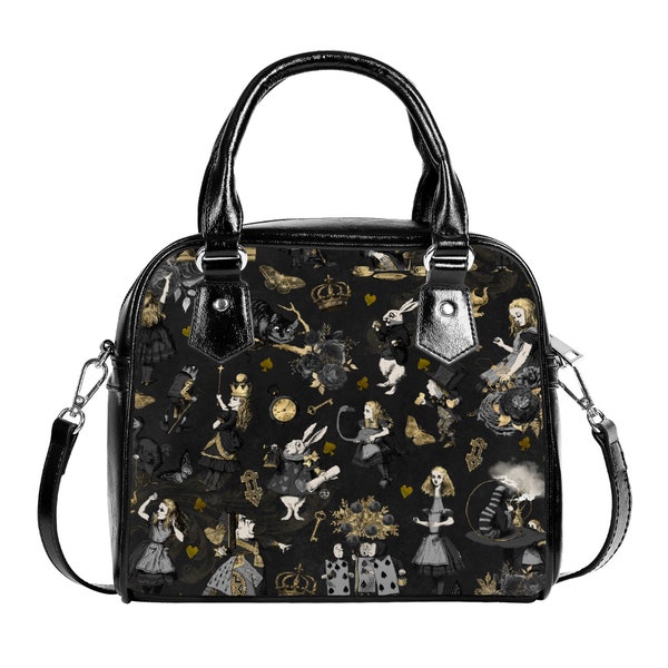 Allure Gothic Mad Alice In Wonderland Black White Christmas Bag Handbag Shoulder Straps Black Faux Leather Zipper School Small Adjustable UK