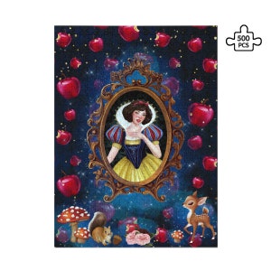 May include: A 500 piece jigsaw puzzle featuring Snow White in a gold ornate frame with a blue starry background.  The image also includes a deer, a squirrel, and mushrooms.