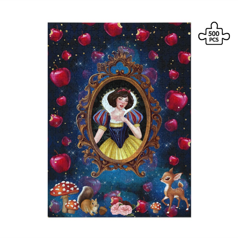 May include: A 500 piece jigsaw puzzle featuring Snow White in a gold ornate frame with a blue starry background.  The image also includes a deer, a squirrel, and mushrooms.