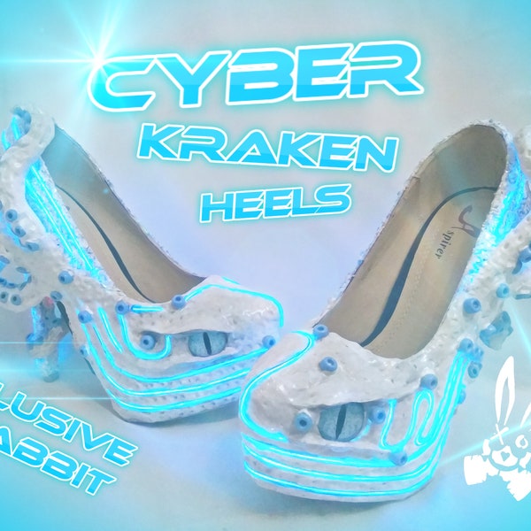 Cyber Kraken Light Up LED Heels Custom Cyberpunk sculpt Shoe Size 3 4 5 6 7 8  High Wedge Sea Abyss Creature Monster Mythical Octopus Squid