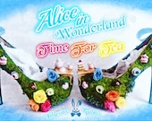 Alice In Wonderland Time For Tea Party Flower Custom Glitter Ribbon Blue Shoe Heel Size 3 4 5 6 7 8 High Heels Platform UK Mad Hatter Women