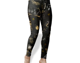 Allure Black & Gold Gothic Alice in Wonderland Women's High Waist Yoga Leggings Size S M L XL 2XL 3XL