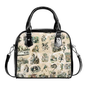 vintage Classic Alice In Wonderland Beige Sac de Noël Sac à main Bandoulière Noir Faux Cuir Zipper School Petit Réglable Or Vert