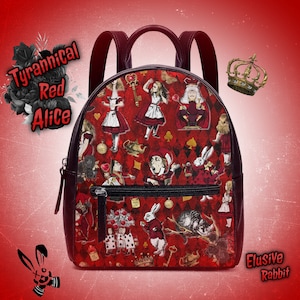 Tyrannical Red Alice In Wonderland Backpack Christmas UK Bag Handbag Shoulder Straps Buckle Black Faux Leather Zipper School Small