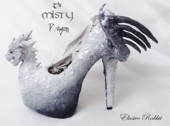 The Misty Dragon Heels Custom Hand Sculpt Paint Shoe Size 3 4 5 6 7 8 High Wedge Fantasy Mythical Bridal Wedding Alternative White Scales