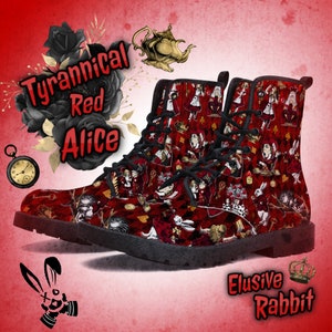Tyrannisch Rot Alice Gothic Schwarz Gold Winter King Queen of Hearts Wunderland Boots Weihnachten UK 3 4 5 6 7 8 Combat Kunstleder Schuh flach
