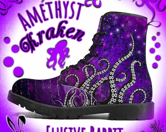 Amethyst Kraken Gothic Winter Boots Tentacle Squid Cthulhu Purple Lilac Black Steampunk UK 3 4 5 6 7 8 9 10 Closed Faux Leather Shoe Flat