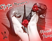 Skull Heels Grim Reaper Goth Gothic Halloween Cosplay Costume Dead Flower Vine Thorn Custom Sculpted Black Red Glitter Shoe Size 3 4 5 6 7 8